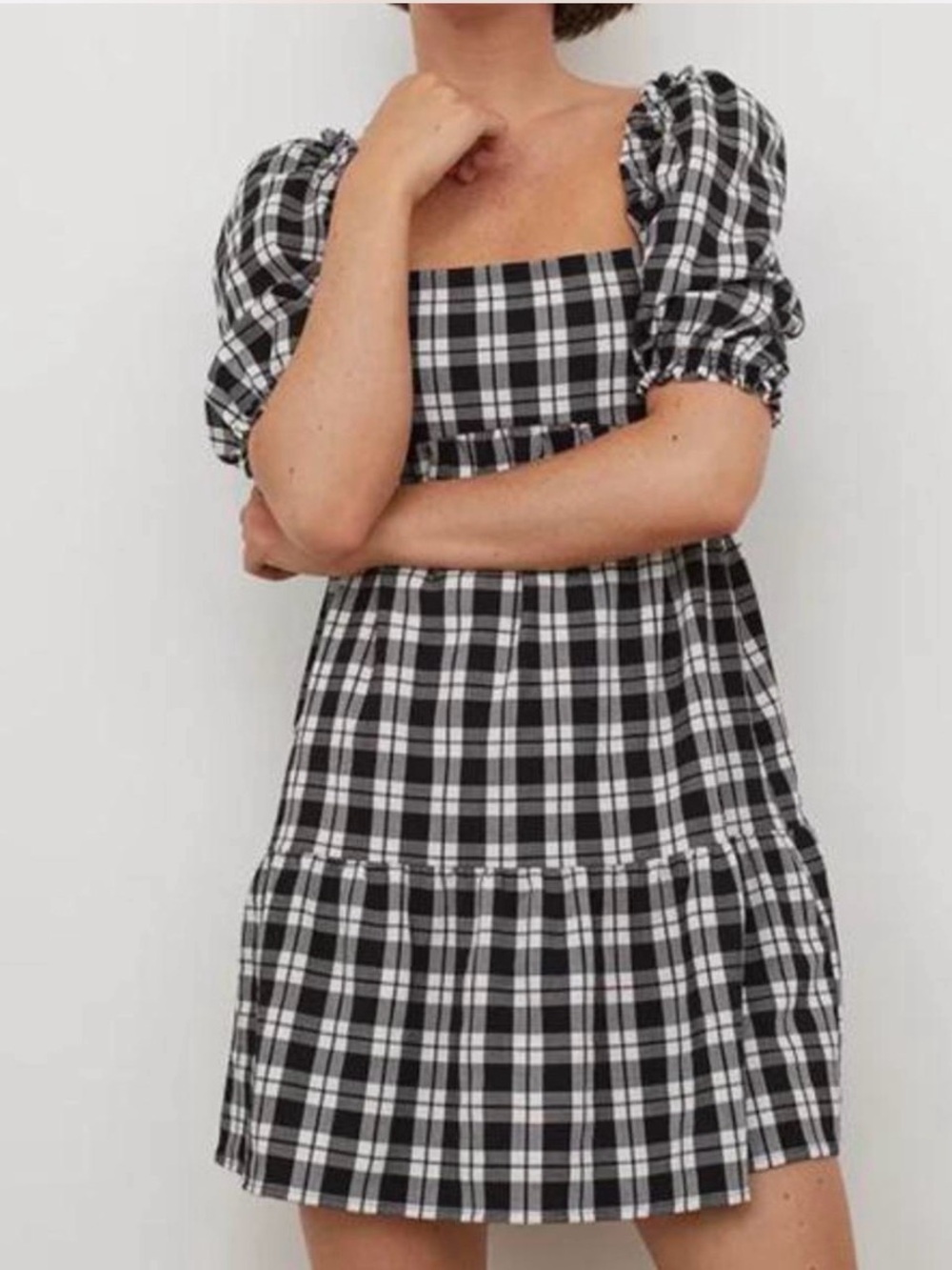 H&M Black and White Gingham Puff-Sleeve Mini Dress